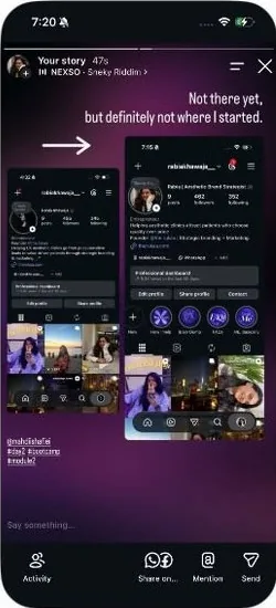 A member's story showing their rebuilt Instagram profile: βNot there yet, but definitely not where I started.β