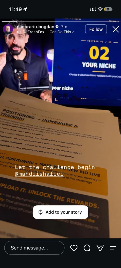 A memberβs positioning worksheet from the training, captioned βLet the challenge begin.β