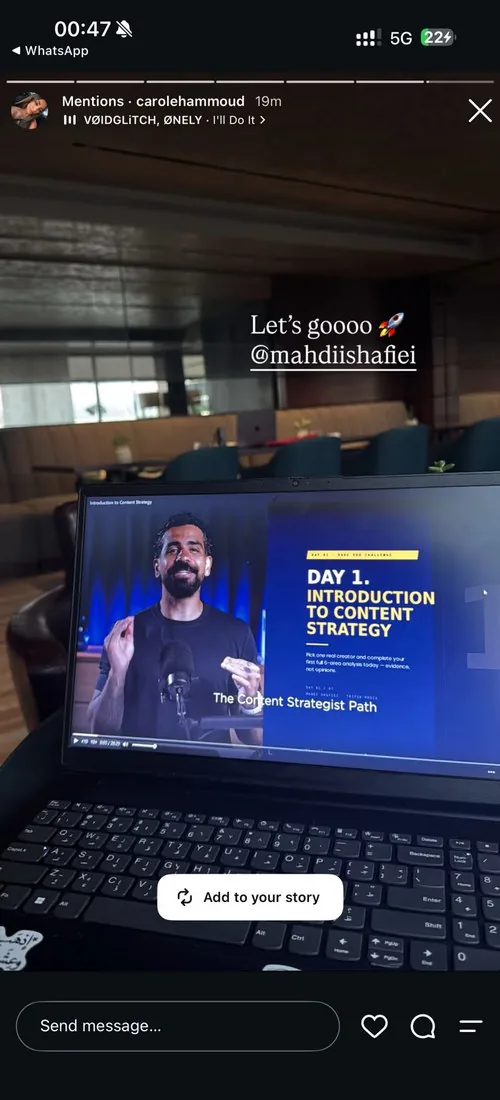 A member starting day 1, Introduction to Content Strategy, captioned βLetβs goooo.β