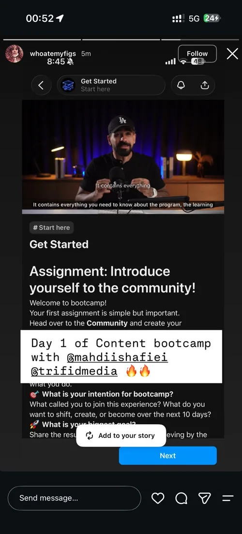 A member sharing day 1βs assignment β introducing themselves to the community.